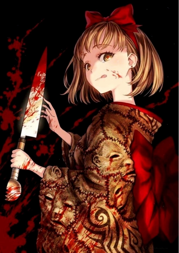 Ảnh gái anime cầm con dao dính máu ghê rợn