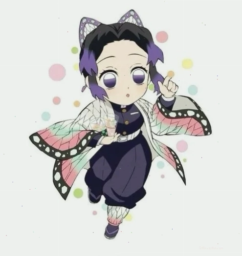 Ảnh Shinobu Kochou chibi với nụ cười tinh nghịch và tà haori bay trong gió