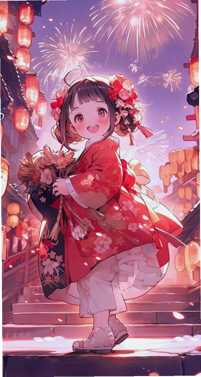 Anime bé gái và đèn lồng mang không khí Tết