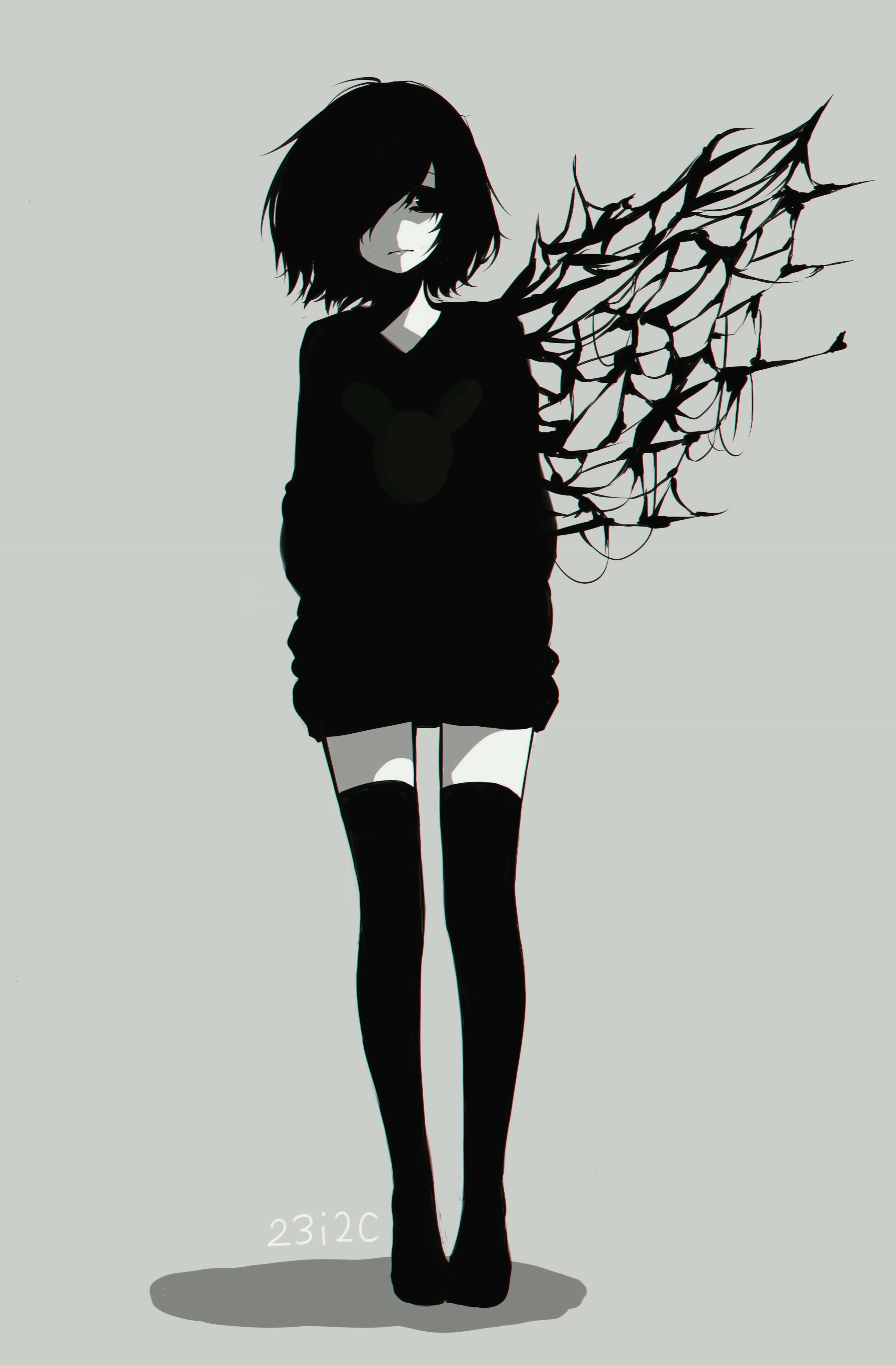 Anime girl trắng đen buồn, thể hiện sự cô đơn và suy tư