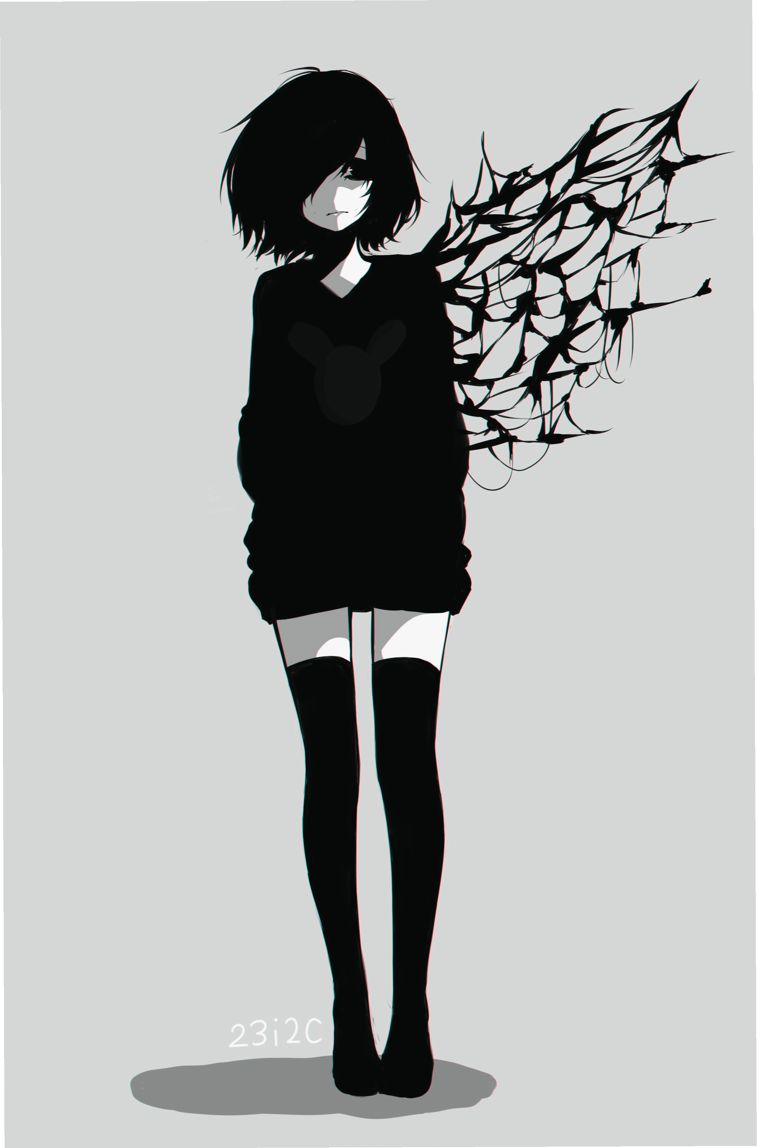 Anime girl trắng đen với vẻ đẹp tinh tế và nỗi buồn ẩn giấu