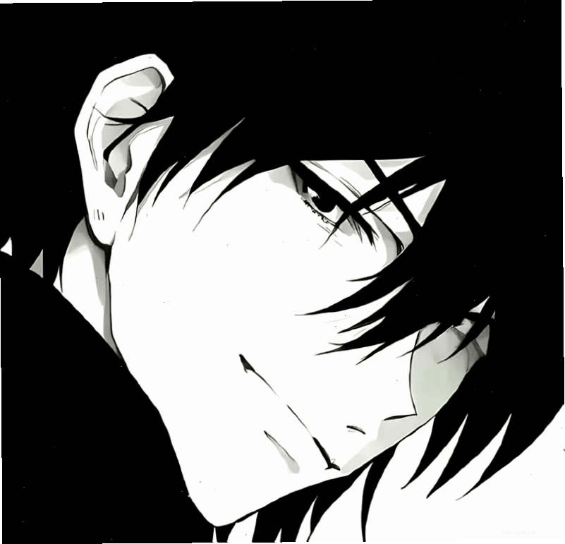 Anime nam với biểu cảm lạnh lùng trên nền đen trắng