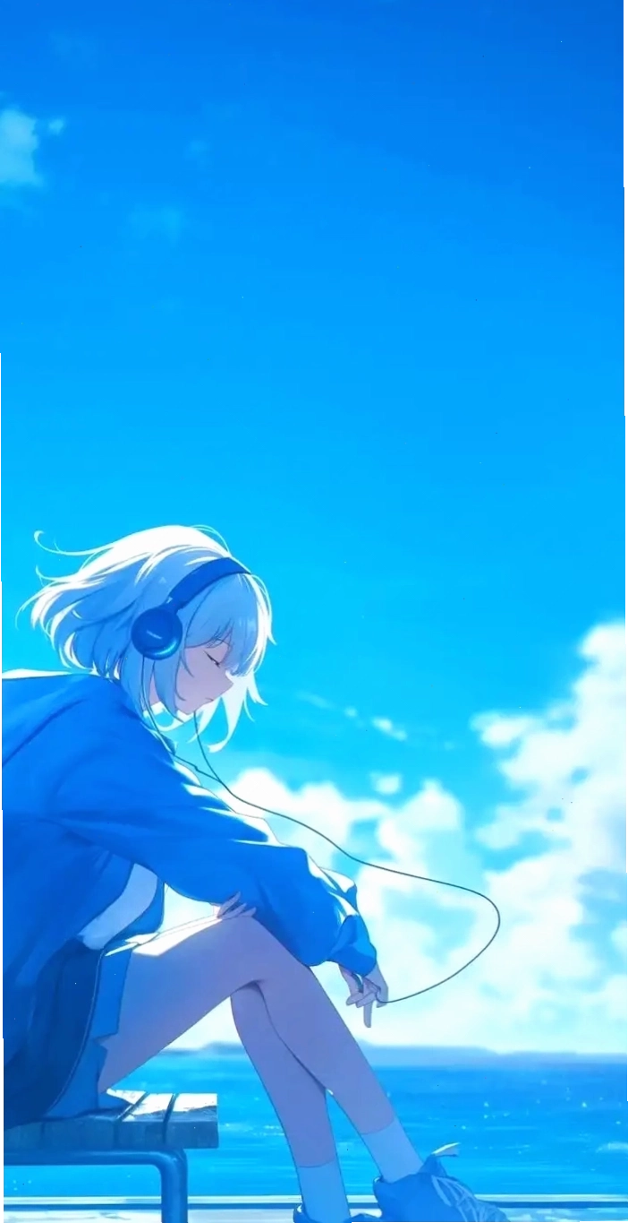 Anime nữ tóc xanh dương với vẻ mặt bí ẩn