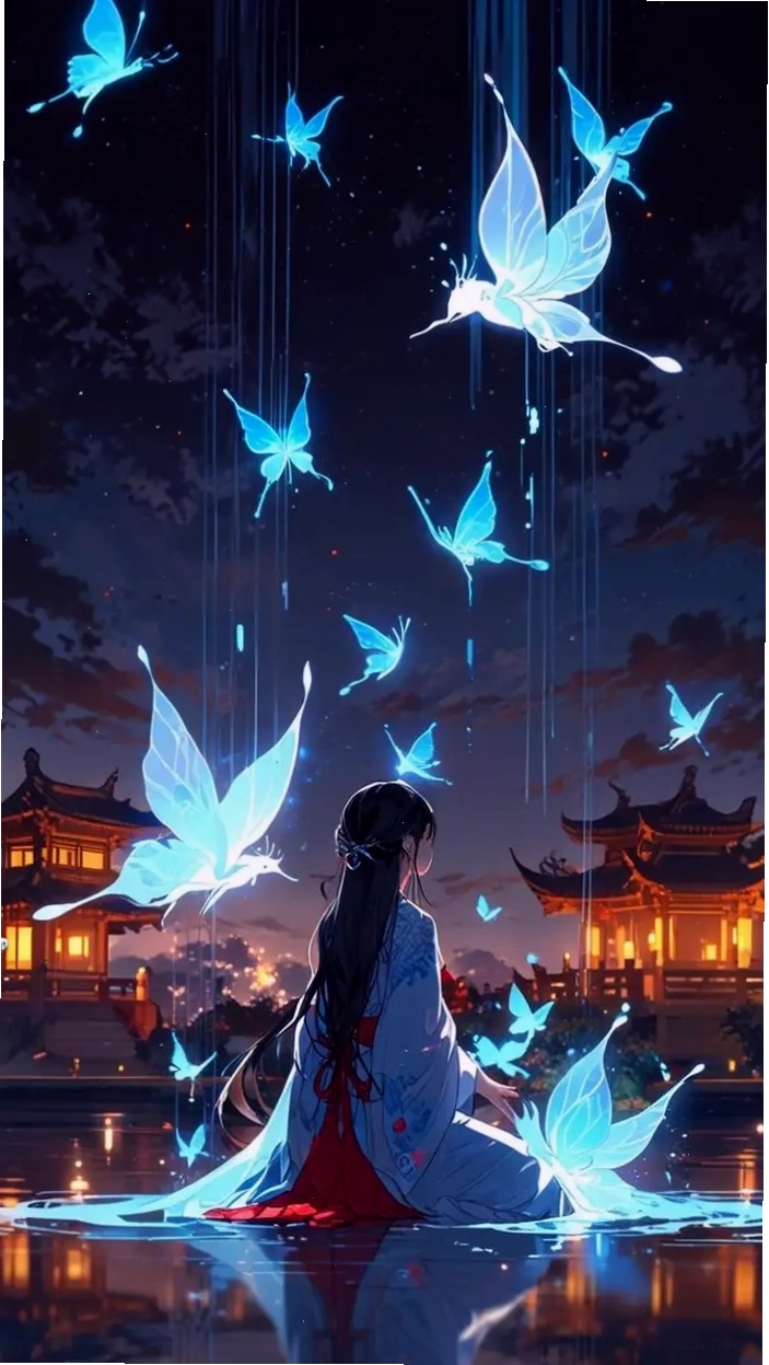 Anime nữ xanh dương bên những cánh bướm