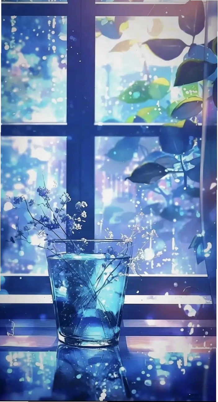 Anime nữ xanh dương nhìn qua ô cửa sổ