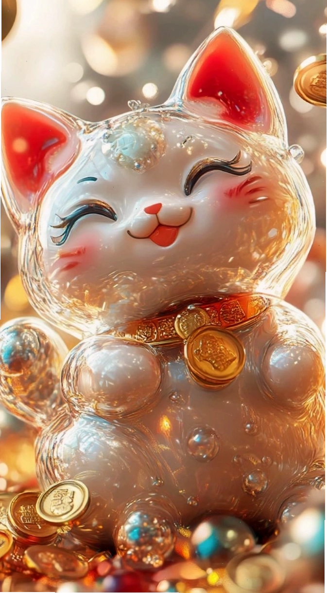 Cặp mèo thần tài 3D cùng biểu tượng may mắn