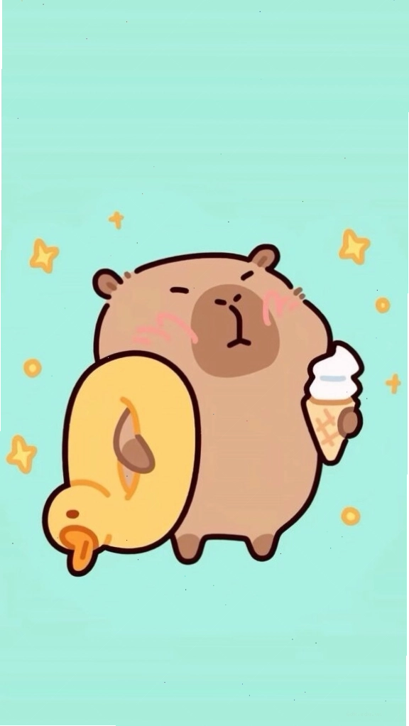 Capybara cõng vịt vàng trên nền xanh, biểu cảm hài hước