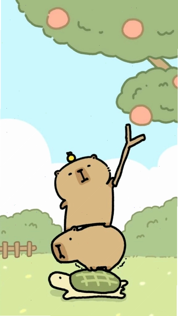 Capybara xếp chồng lên rùa hái quả
