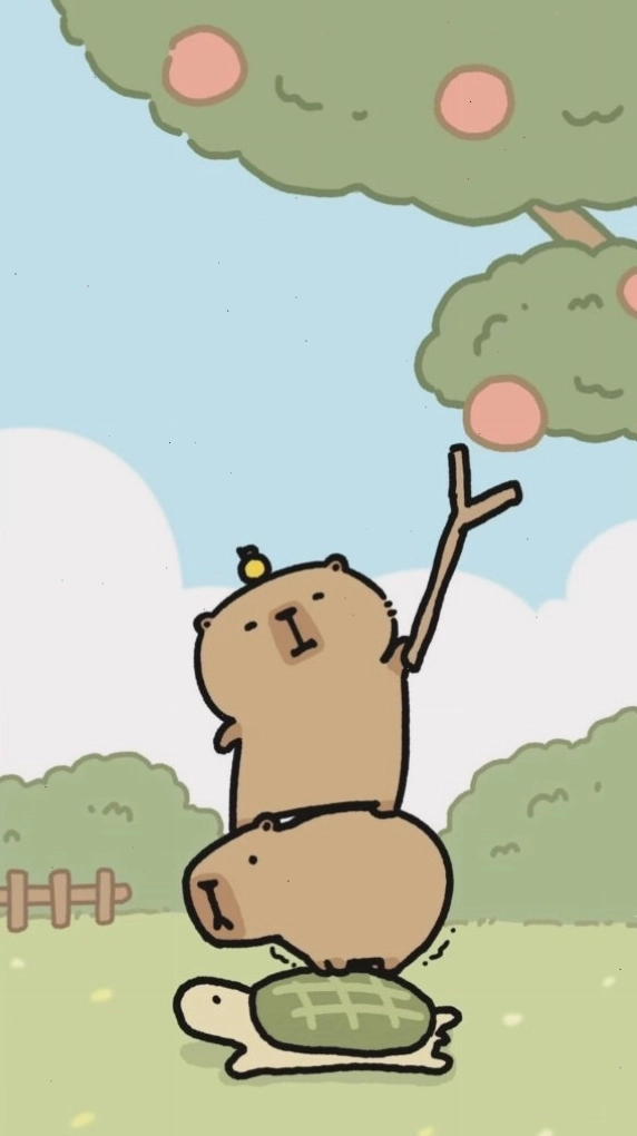 Capybara xếp chồng lên rùa hái quả