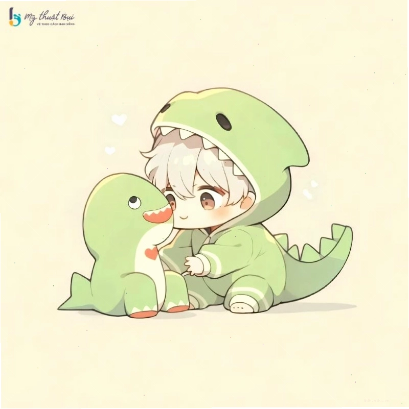 Chàng trai anime chibi với mái tóc ấn tượng và trang phục năng động