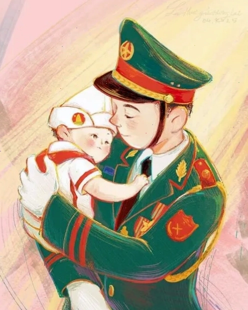 Chiến sĩ công an chibi bế em bé trong bộ cảnh phục xanh
