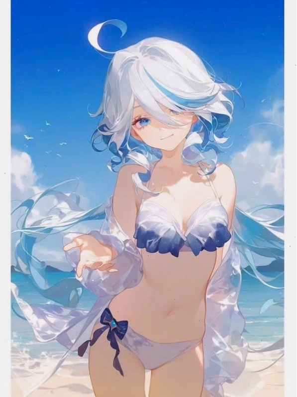 Cô gái anime với nụ cười rạng rỡ trong bộ bikini xanh dương