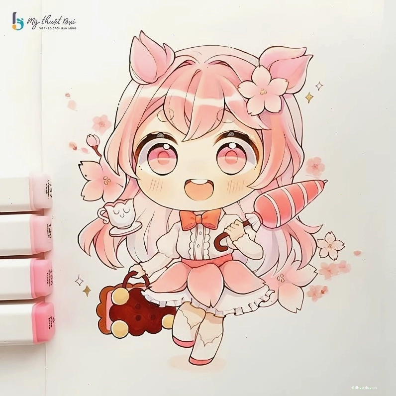 Cô gái chibi cầm một bó hoa nhỏ