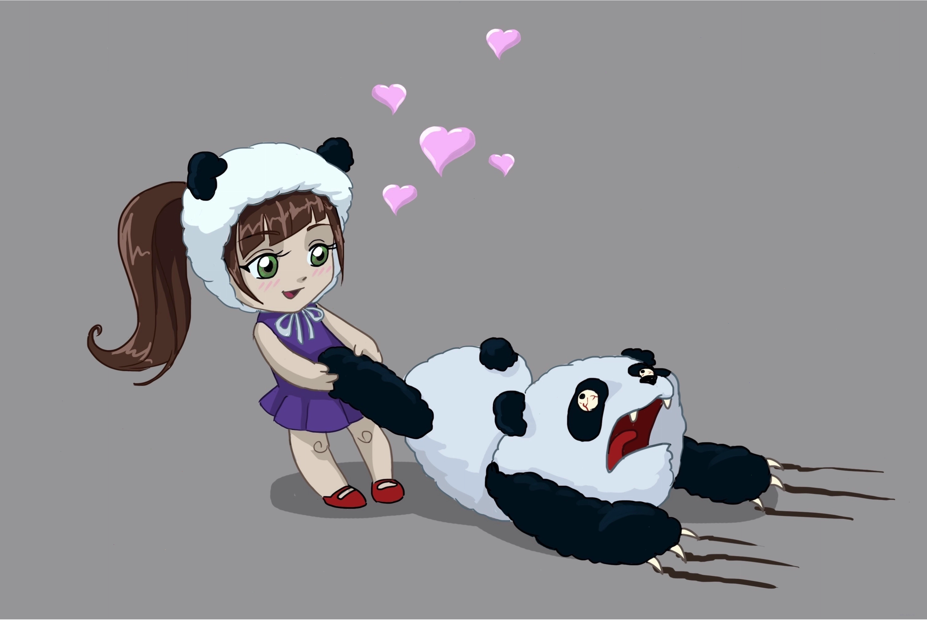 Cô gái chibi kéo tay gấu trúc