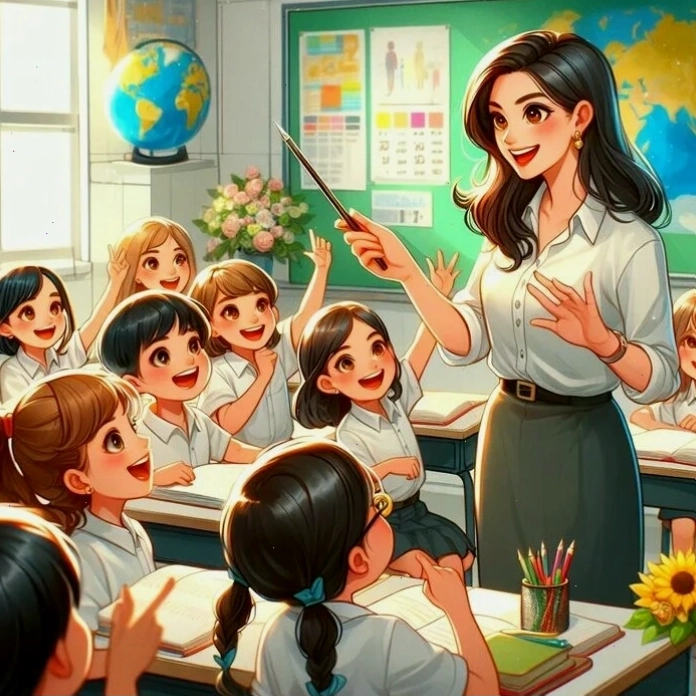 Cô giáo chibi tươi cười bên học sinh
