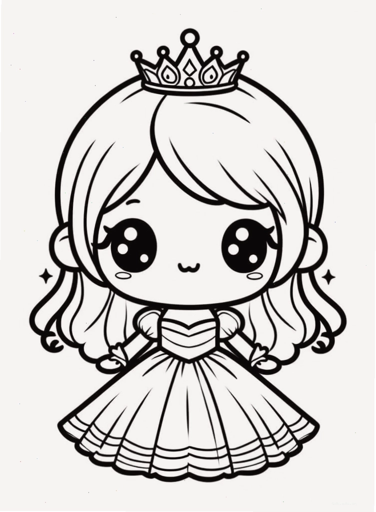 Công chúa chibi đáng yêu trong trang phục lộng lẫy đang chờ được tô màu
