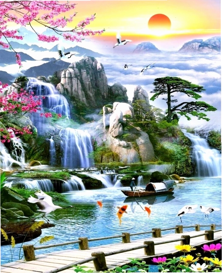 Dòng sông chảy qua khu rừng xanh mướt trong ảnh 3D