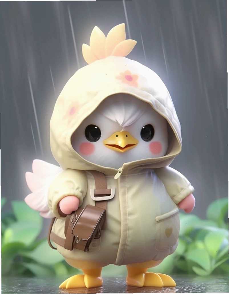 Gà chibi với biểu cảm ngạc nhiên và đôi mắt mở to