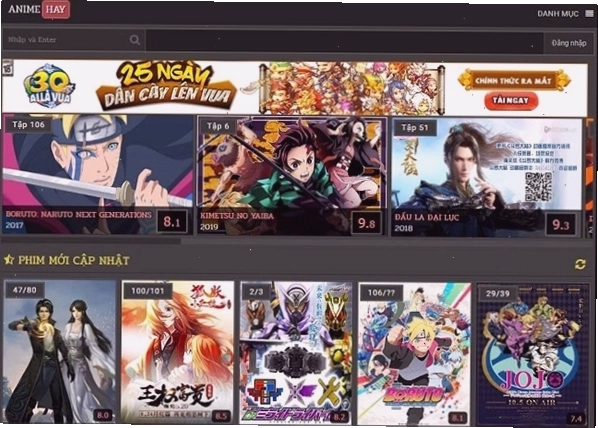 Giao diện Animehay.tv hiển thị các bộ anime đang hot