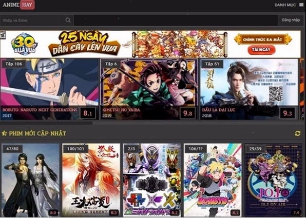 Giao diện xem anime trên một trang web