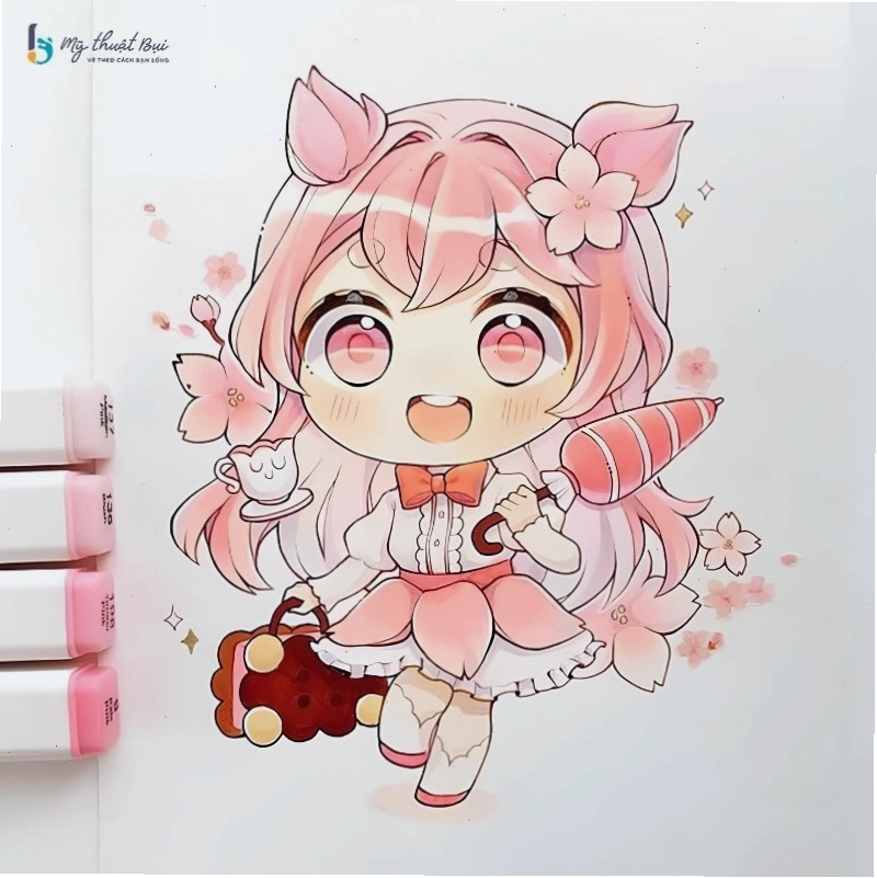Hình ảnh anime nữ chibi đang thực hiện vũ điệu dễ thương