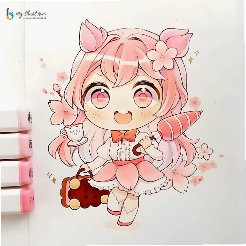 Hình ảnh chibi nữ theo phong cách anime, mặc trang phục phép thuật