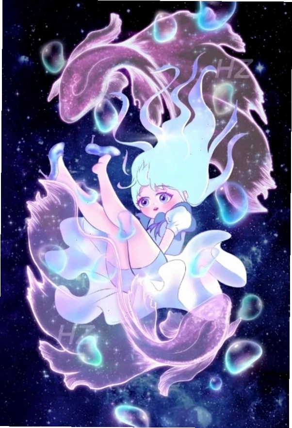 Hình ảnh cung Song Ngư chibi với đôi mắt to tròn và biểu cảm mơ màng