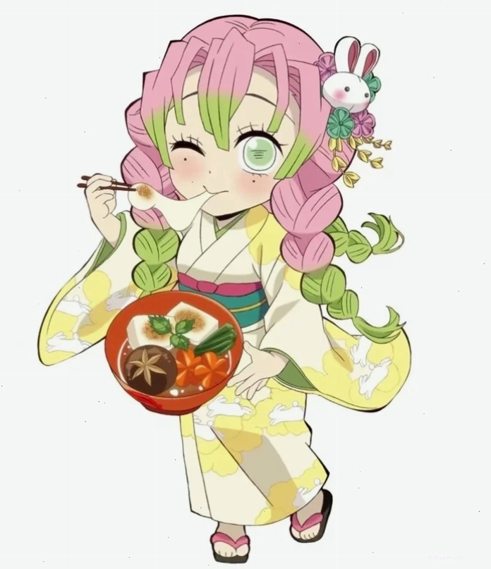 Hình ảnh luyến trụ anime phiên bản chibi đáng yêu với mái tóc hồng xanh đặc trưng