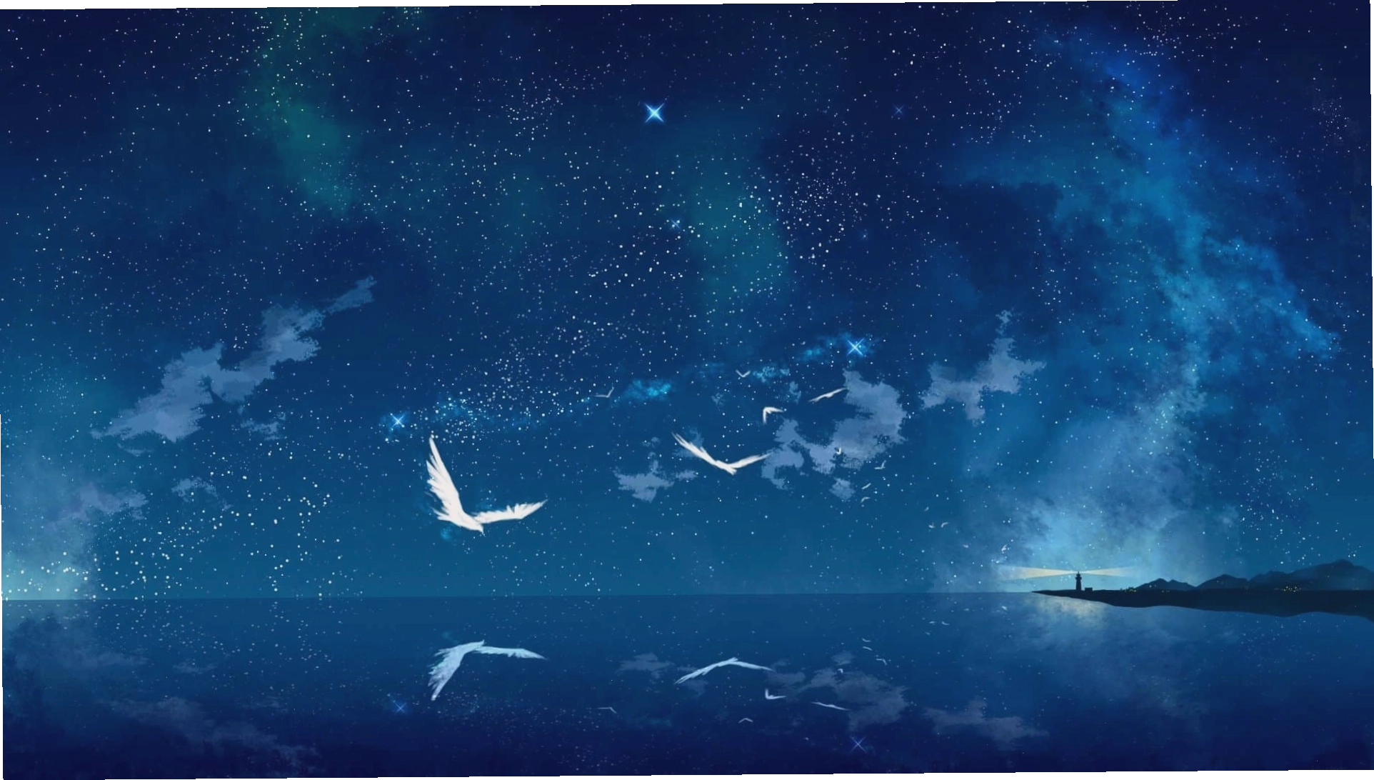 Hình bầu trời đêm đẹp Anime với ánh sáng vàng huyền ảo