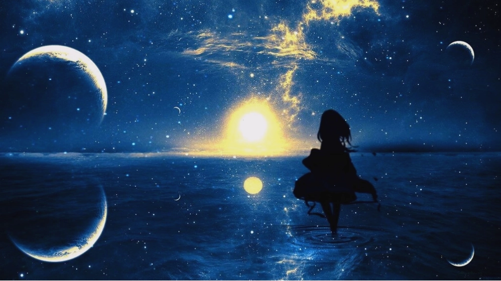 Hình bầu trời đêm đẹp Anime với hiệu ứng ánh sáng ấn tượng