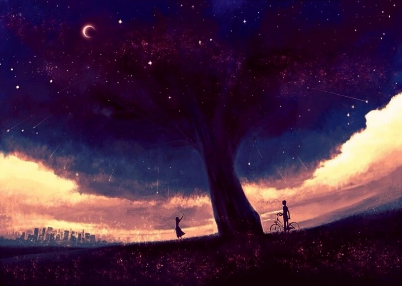 Hình bầu trời đêm đẹp Anime ý nghĩa chất lượng cao với dải ngân hà lấp lánh