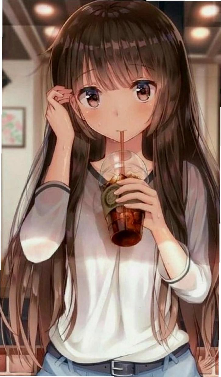 Hình nền anime nữ đang uống trà sữa cực dễ thương