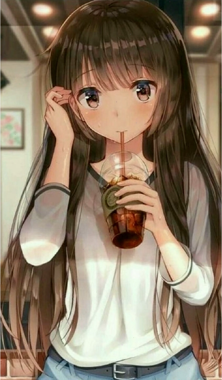 Hình nền anime nữ đang uống trà sữa dễ thương