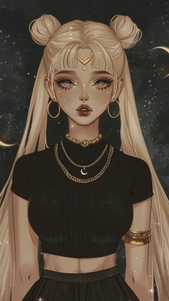 Hình nền cô gái tóc đen với vòng trăng đỏ