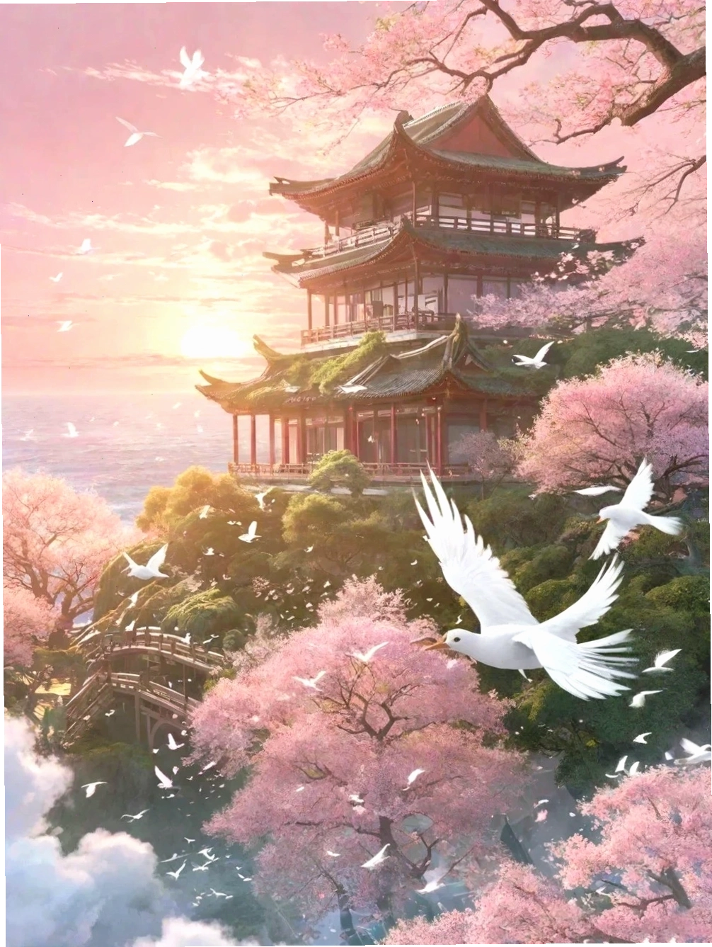 Hình nền máy tính hoa anh đào anime phong cảnh thanh bình