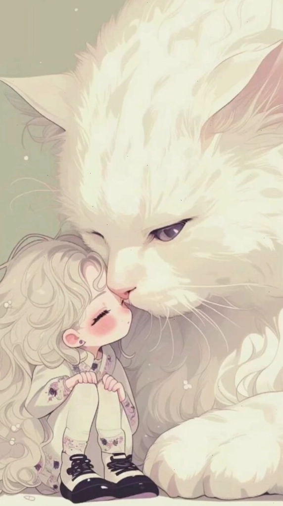 Hình nền mèo trắng ngồi cạnh cô bé