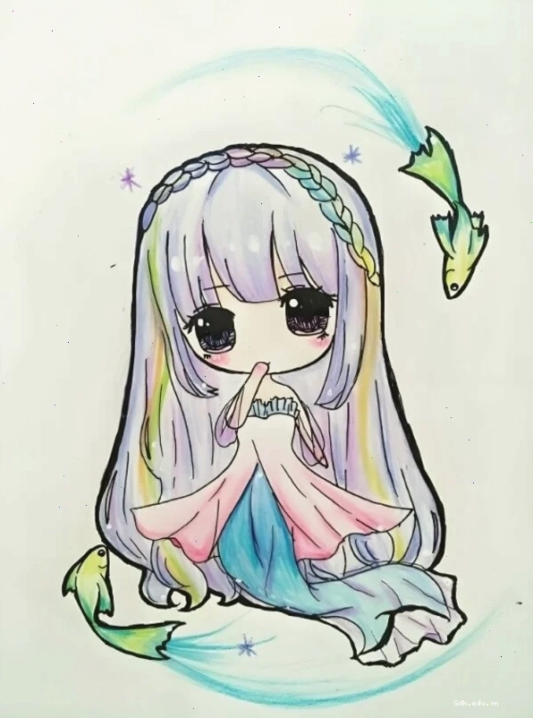 Hình nền Song Ngư Chibi với tông màu xanh nước biển
