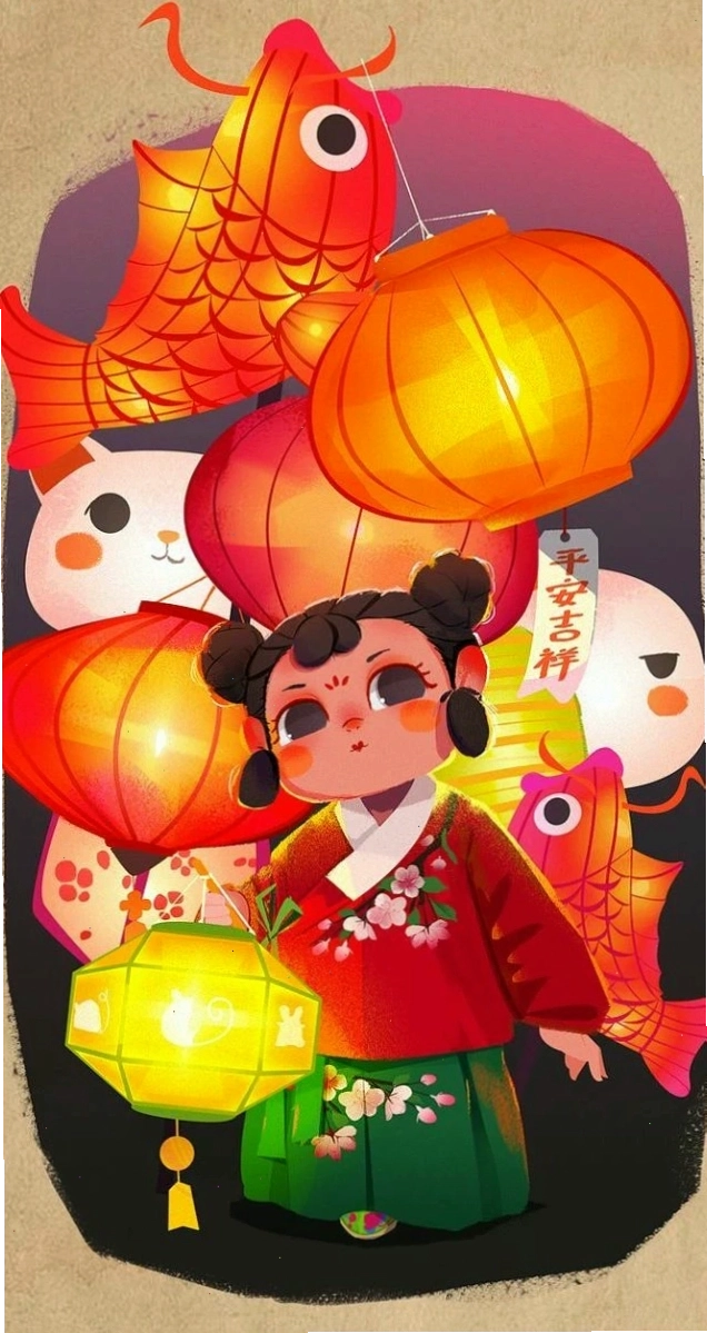 Hình nền Tết anime có đèn lồng dễ thương