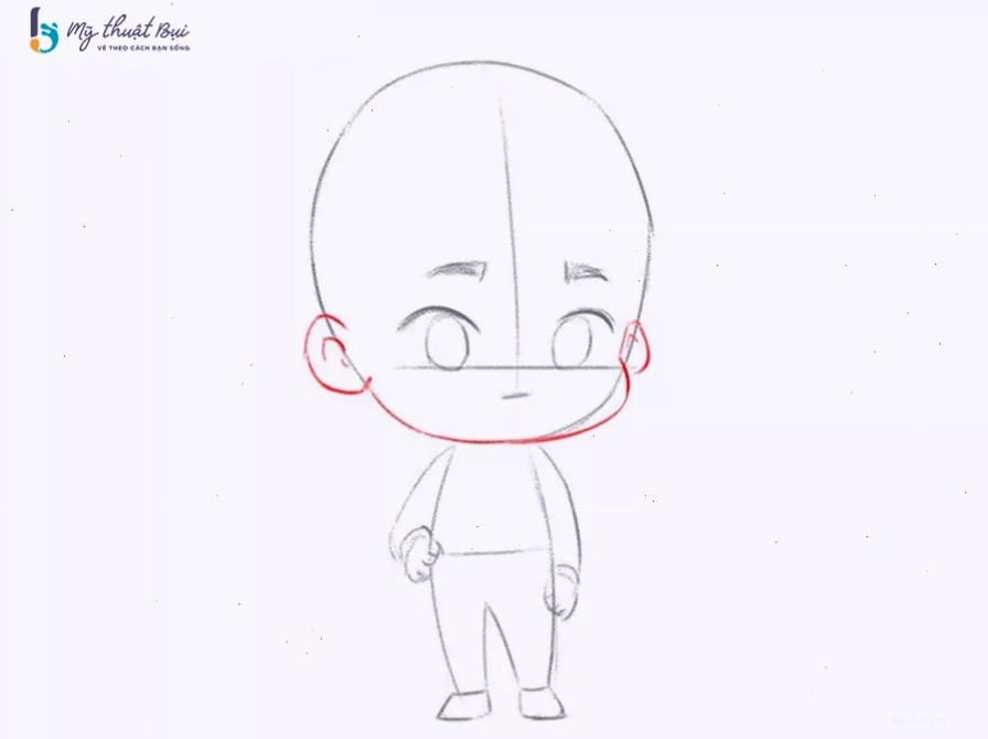 Hoàn thiện khuôn mặt với các chi tiết mắt, mũi, miệng cho chibi nam