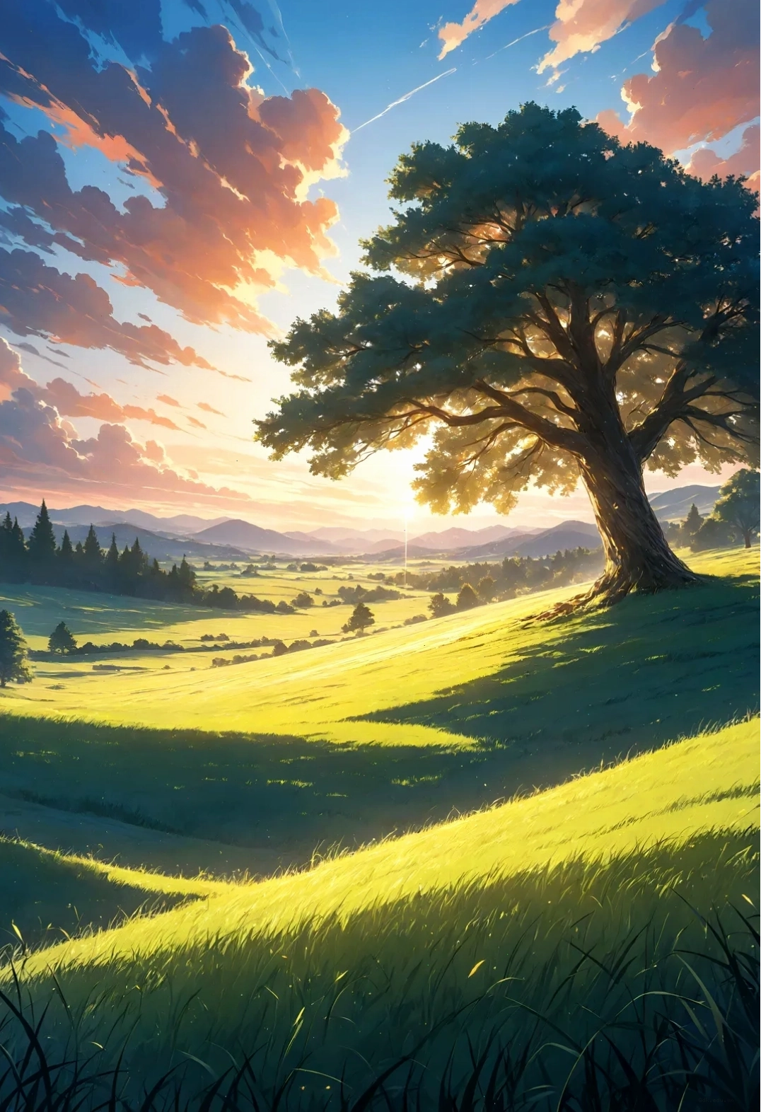 Hoàng hôn Anime trên Thung lũng Xanh tươi với Cây Hùng vĩ