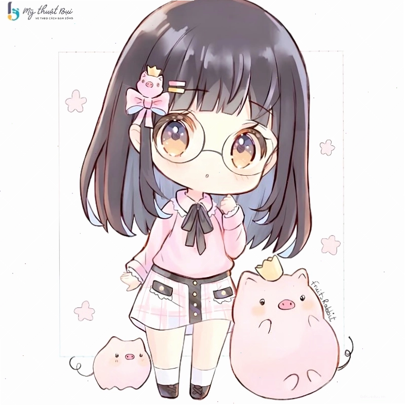 Nhân vật chibi nữ dễ thương với trang phục màu hồng