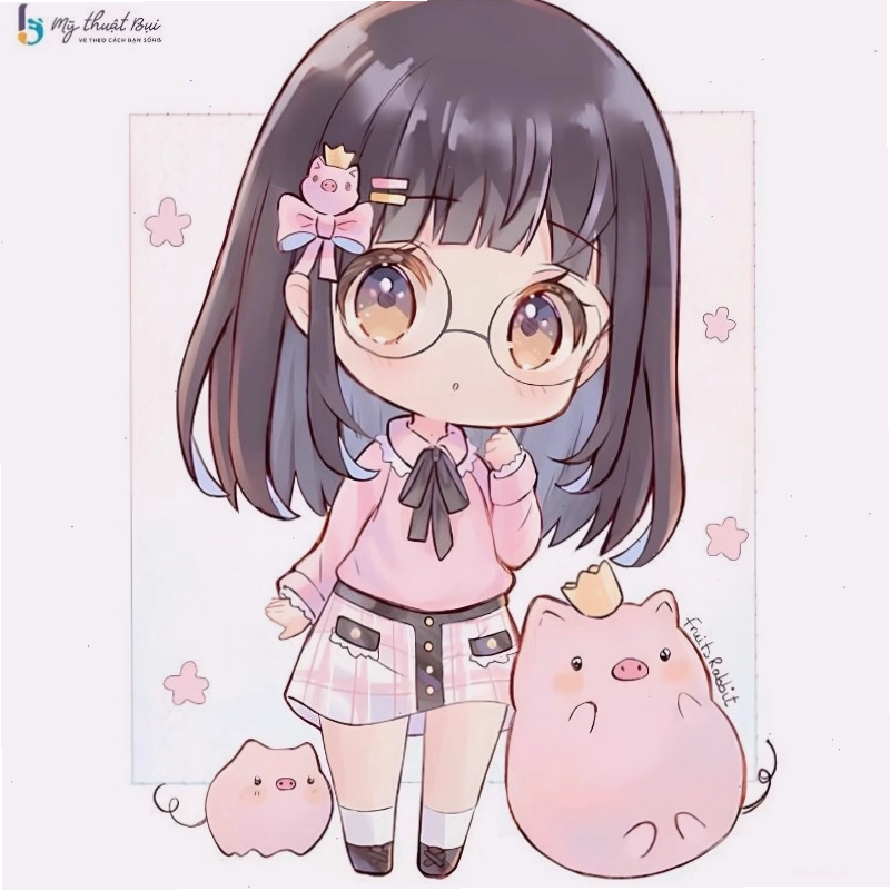 Nhân vật chibi nữ với trang phục học sinh và cặp sách