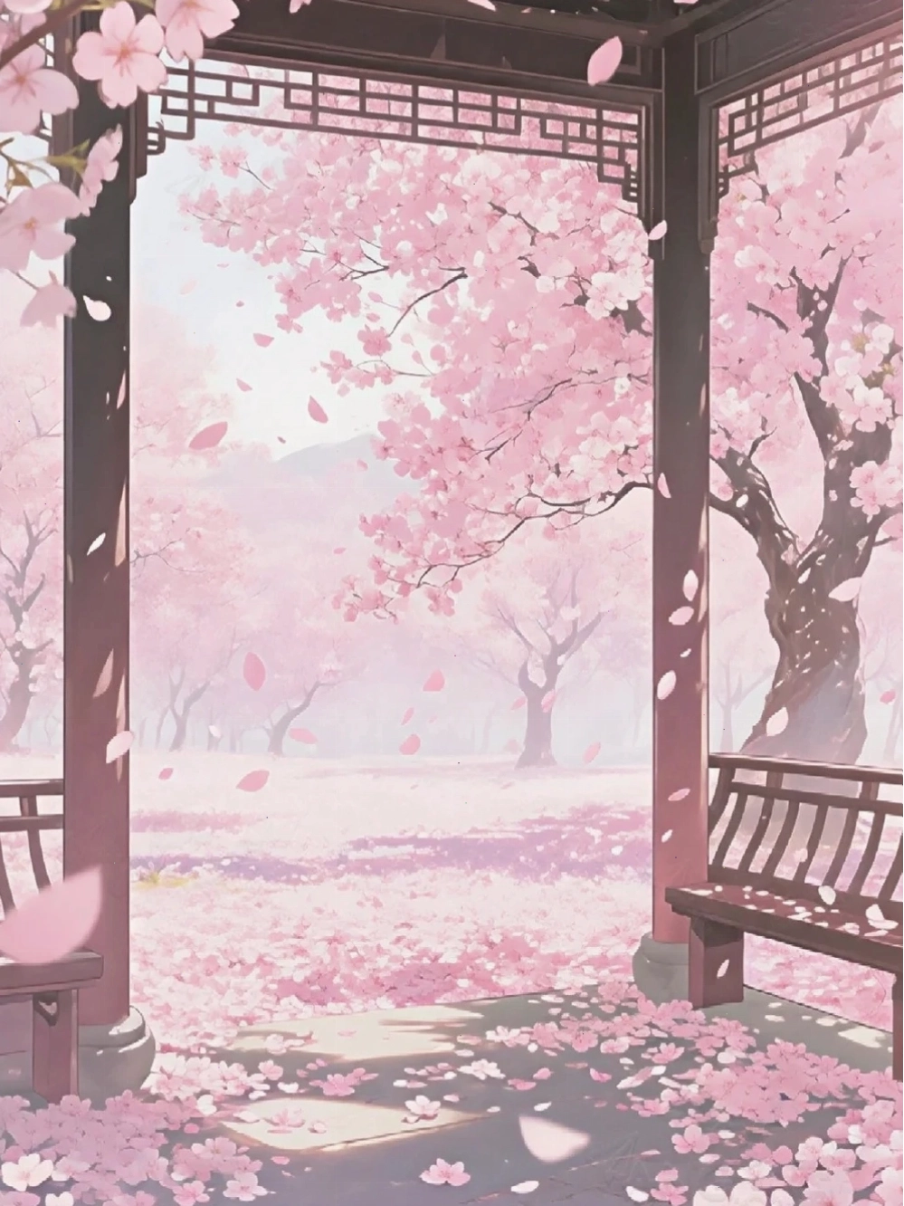 Phong cảnh anime mùa xuân với hoa anh đào