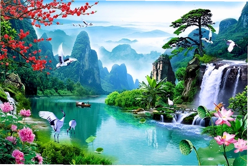 Thác nước đổ xuống từ vách đá trong khu rừng 3D