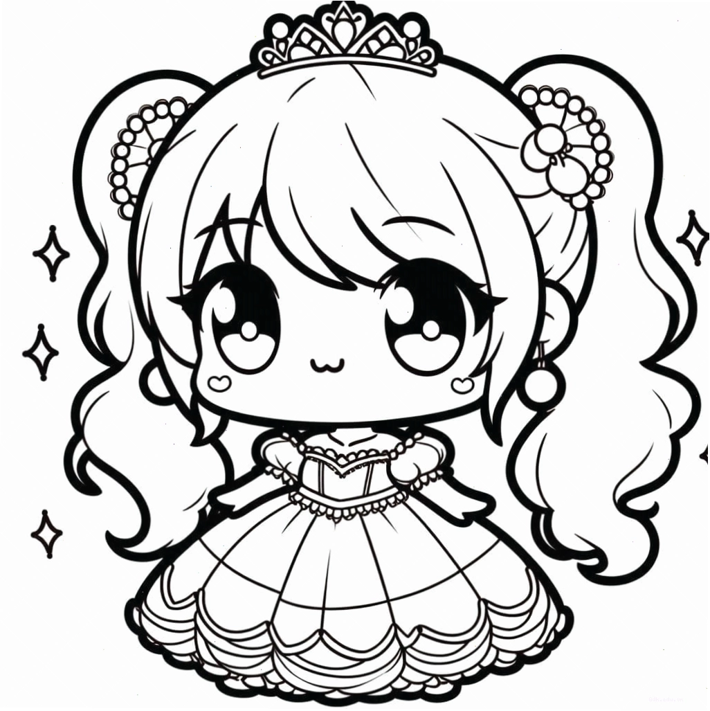 Tranh tô màu công chúa chibi nhỏ với đường nét đơn giản