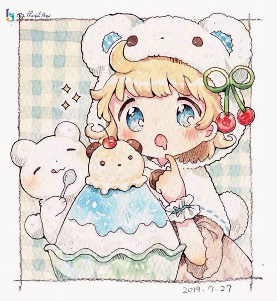 Tranh vẽ anime dễ thương với nhân vật nữ có nét đáng yêu