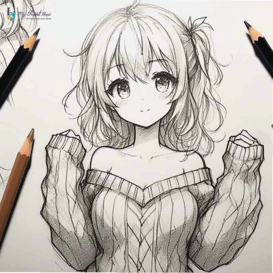 Tranh vẽ anime nữ đẹp với đôi mắt to tròn và mái tóc dài màu hồng
