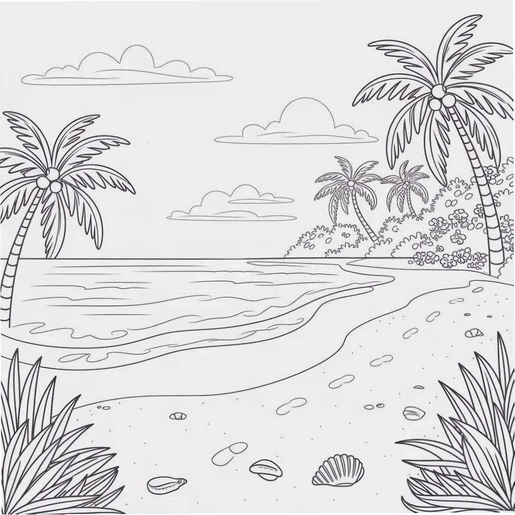 Tranh tô màu cảnh biển nhiệt đới thơ mộng lúc bình minh